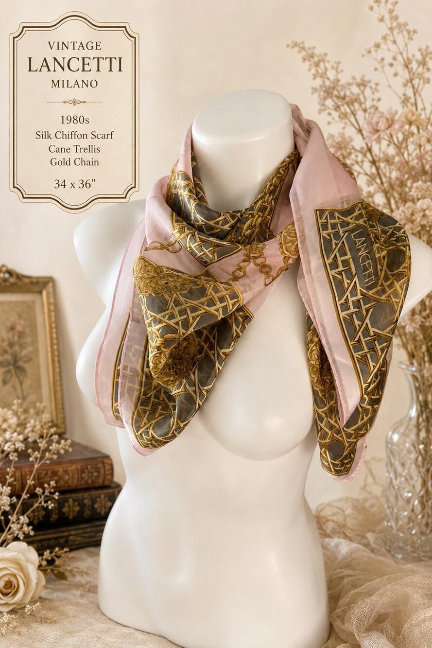 Vintage Lancetti Milano 1980s Silk Chiffon Cane Trellis Gold Chain Scarf 34x36